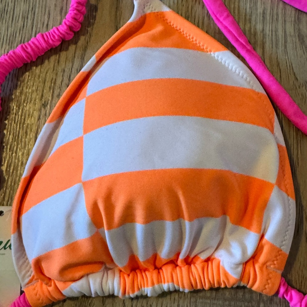 Aerie Real Good Checkered Triangle Bikini Top Orange Pink XL NWT - Picture 5 of 6